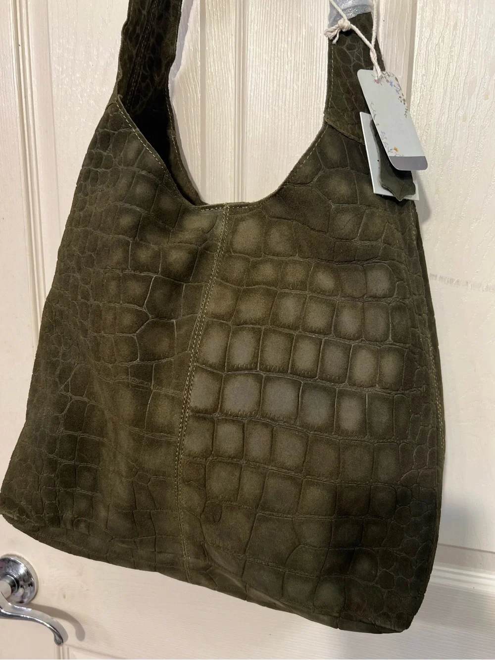 Haute Hippie olive green hobo bag with, crocodile-embossed suede design.NWT